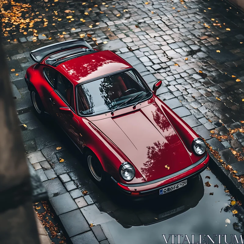 AI ART Timeless Red Vehicle on a Rainy Day with Fall Foliage