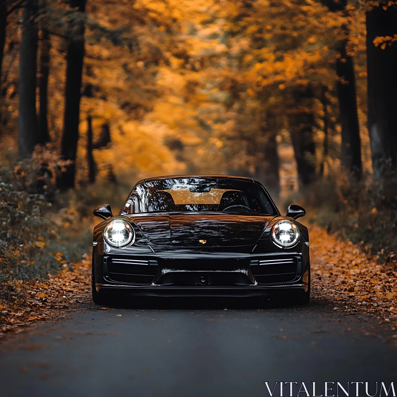 Elegant Black Automobile on Autumn Road AI Image