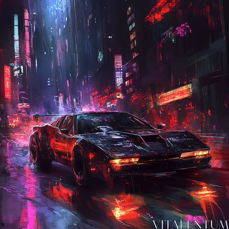 Futuristic Sports Car in Neon Cityscape AI Image