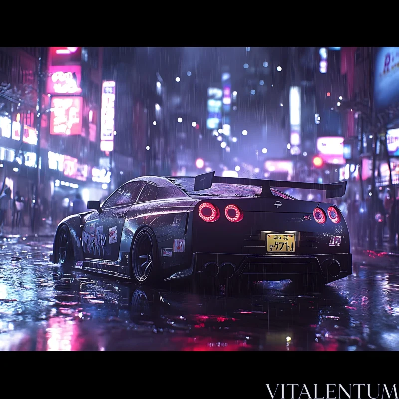 Urban Sports Car Amidst Neon Lights and Rain AI Image