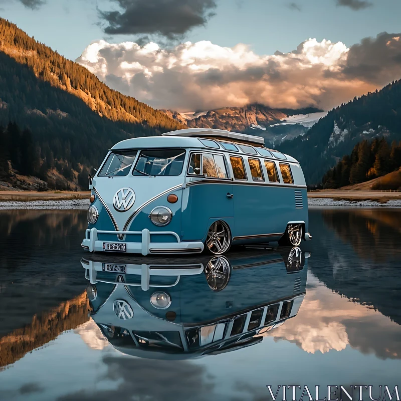 Serene Reflection of Classic Van Amidst Mountains AI Image