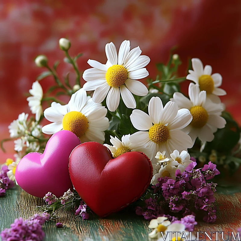 AI ART Colorful Daisies and Hearts Arrangement