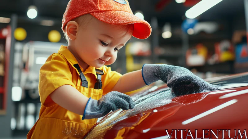 Young Child in Workshop Polishing Car AI Image