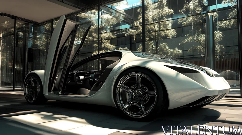 Sleek Futuristic Car in Modern Indoor Setting AI Image