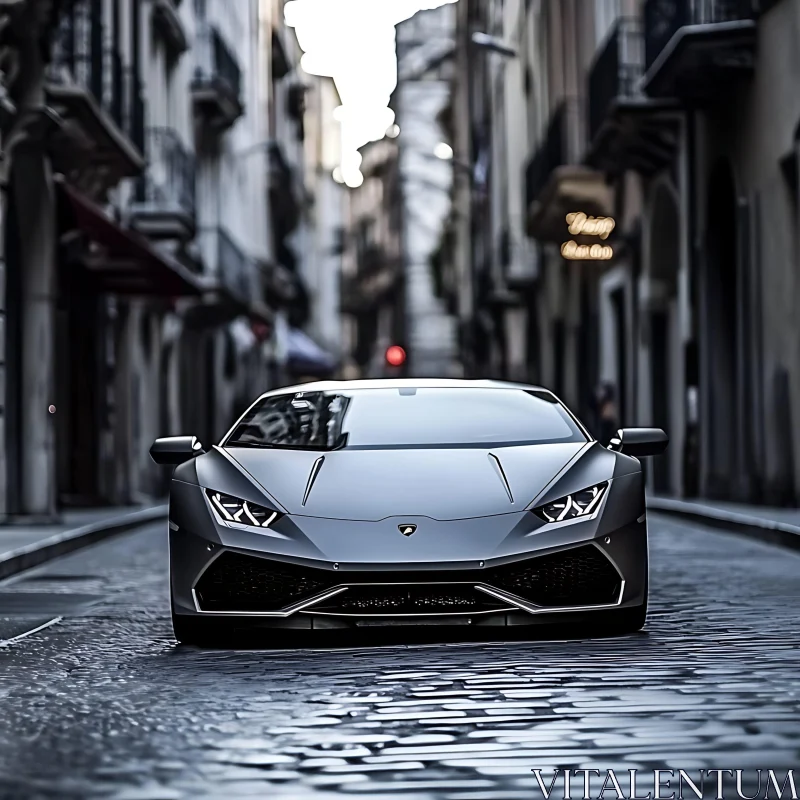 Sleek Matte Gray Supercar on Historic Cobblestone Street AI Image