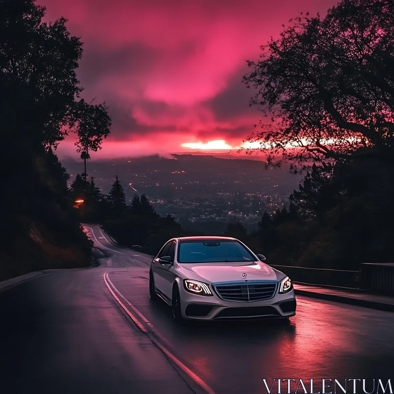 Sleek Car on Winding Road with Pink Sunset AI Image