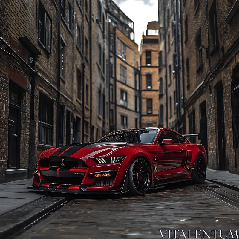 Red Sports Car in Narrow City Alley AI Image