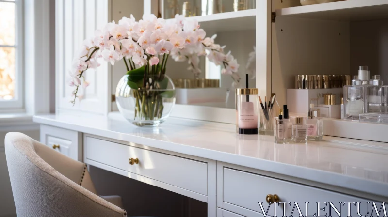 Elegant and Serene: White Console and Beauty Mirror with Perfume Jars and Makeup AI Image