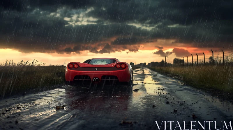 Red Car in Rain with Dark Clouds and Sunset AI Image