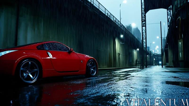 AI ART Moody Rainy Night with Red Sports Car