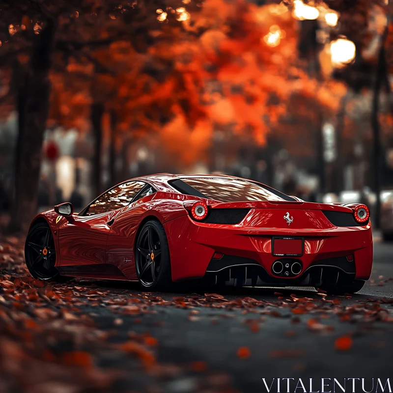 Luxurious Red Car Amidst Fall Foliage AI Image