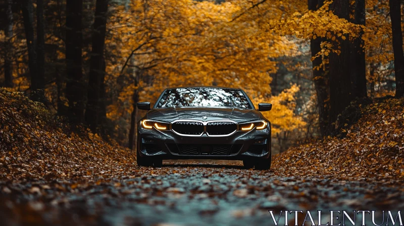 Sleek BMW on Autumn Forest Road AI Image