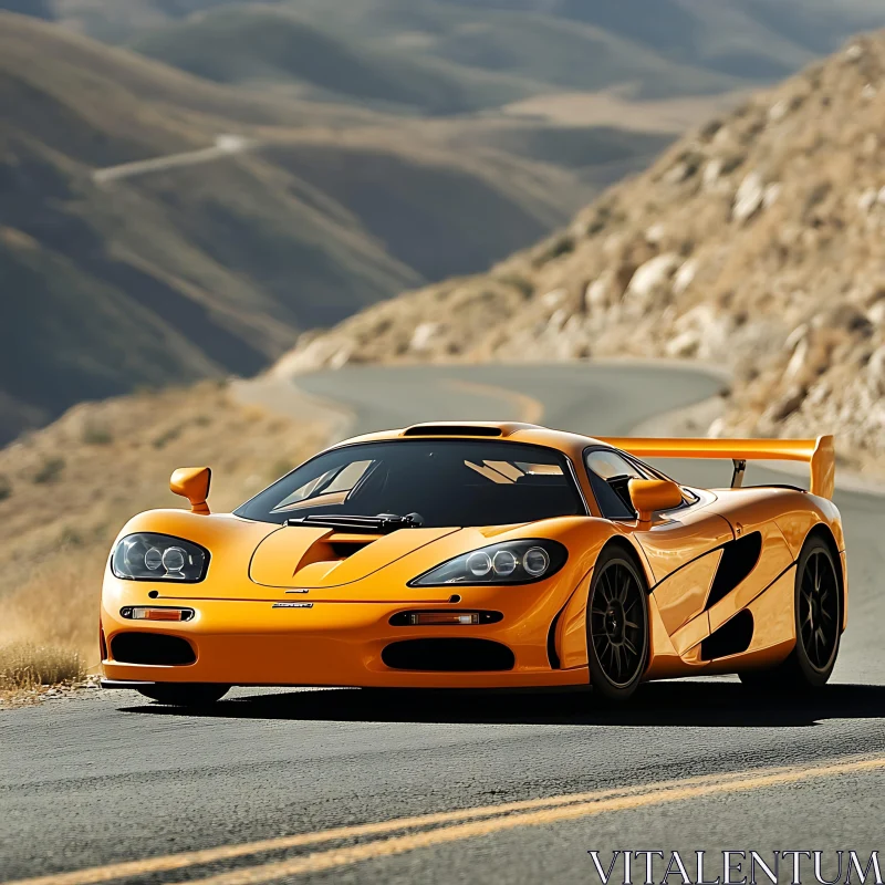 Luxurious Orange Supercar in Mountainous Terrain AI Image