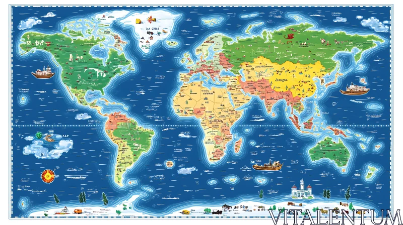 Illustrated World Map with Landmarks and Cultural Icons AI Image