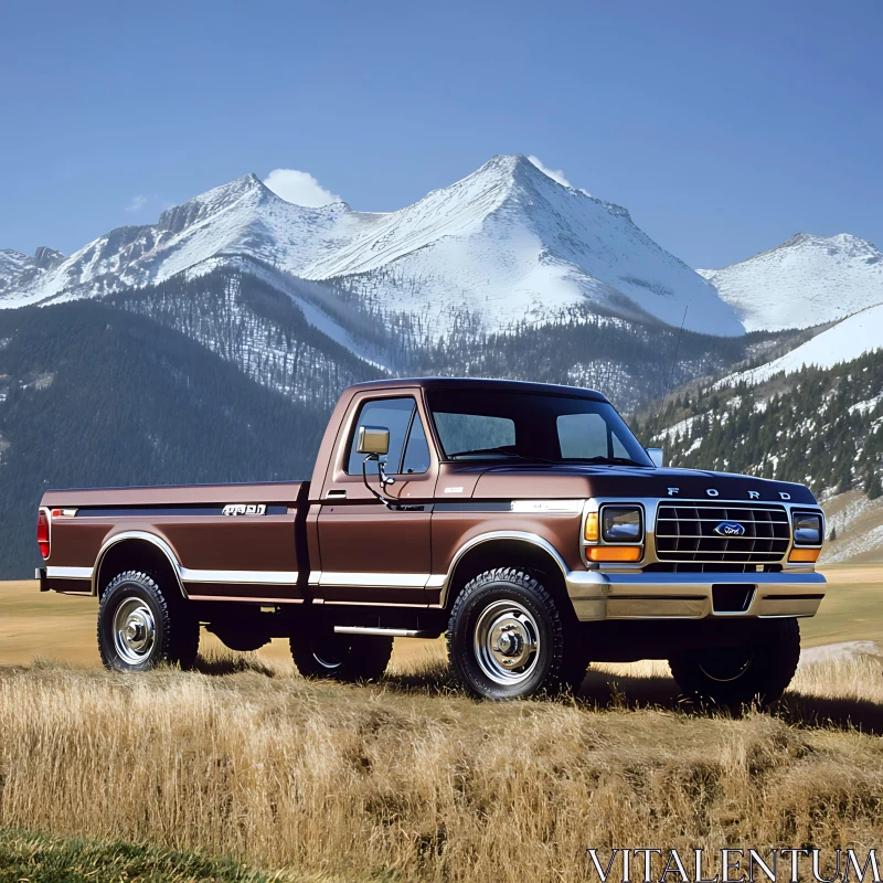 Classic Pickup Truck with Snowy Mountain Backdrop AI Image