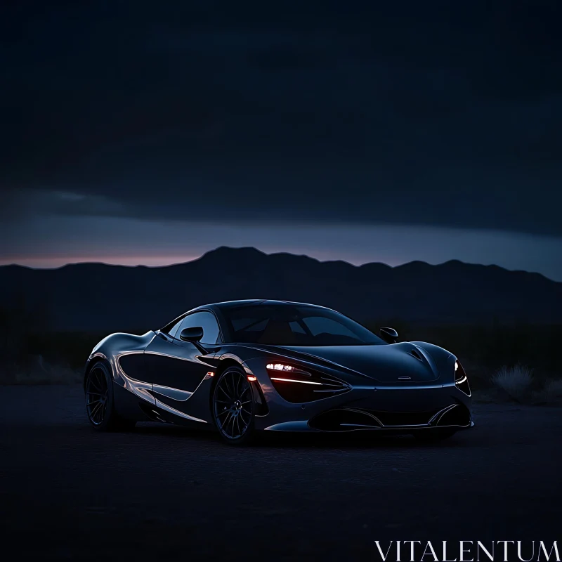 Sleek Sports Car Amidst Mountainous Night Scenery AI Image