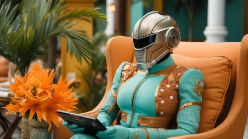 Stylish Robot Character on Sofa: A Fusion of Modernity and Wilderness