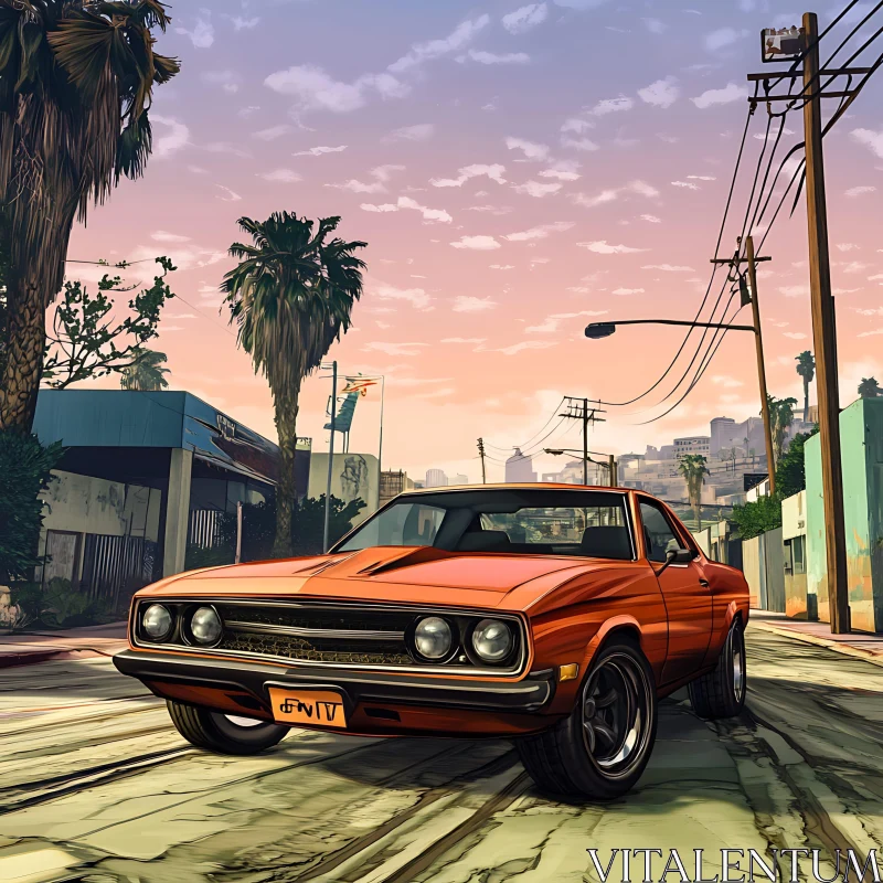 Classic Urban Sunset with Muscle Car AI Image