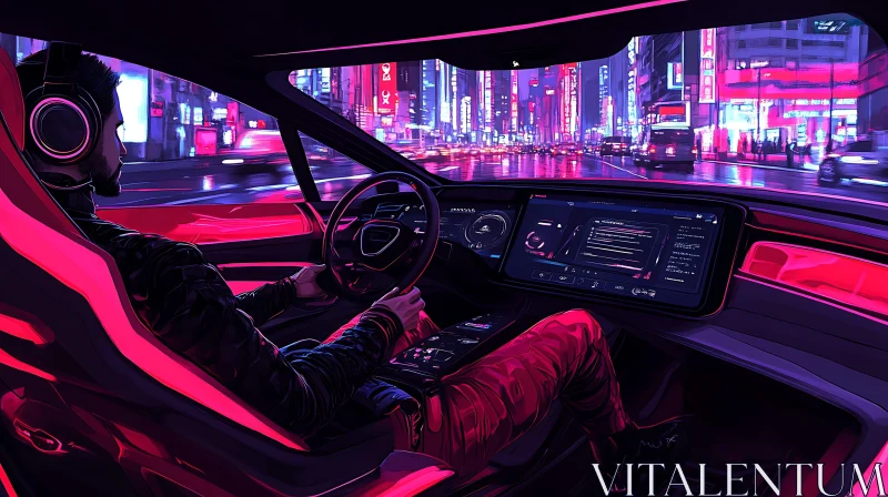 Neon Lit Cyberpunk City from Inside a Futuristic Car AI Image