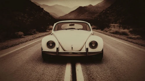 Classic Vehicle on Desert Road with Mountains