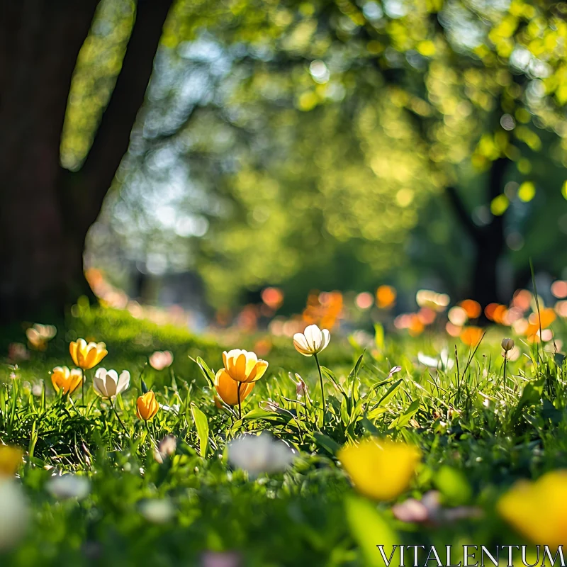 Meadow Blossoms Under Sunlit Canopy AI Image