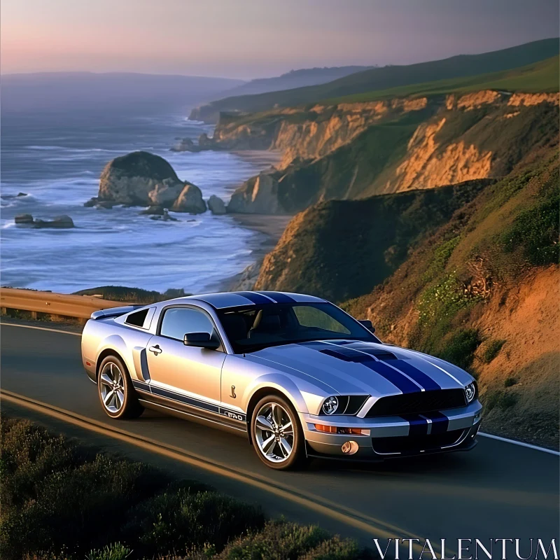 Silver Sports Car Driving at Sunset Near Ocean AI Image