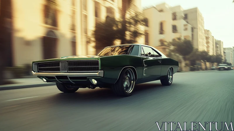 Classic Muscle Car in Motion in Urban Setting AI Image