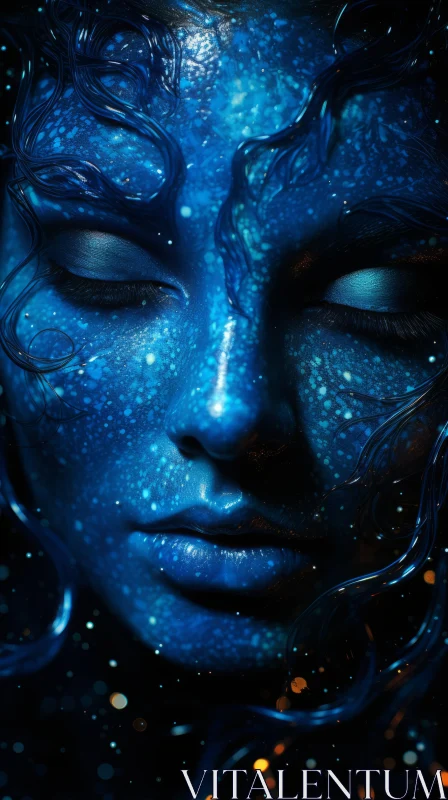Blue-Painted Woman with Stars: Transcendental Dreaming in Neo-Mosaic Style AI Image