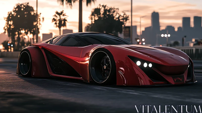 Red Supercar at Urban Sunset AI Image