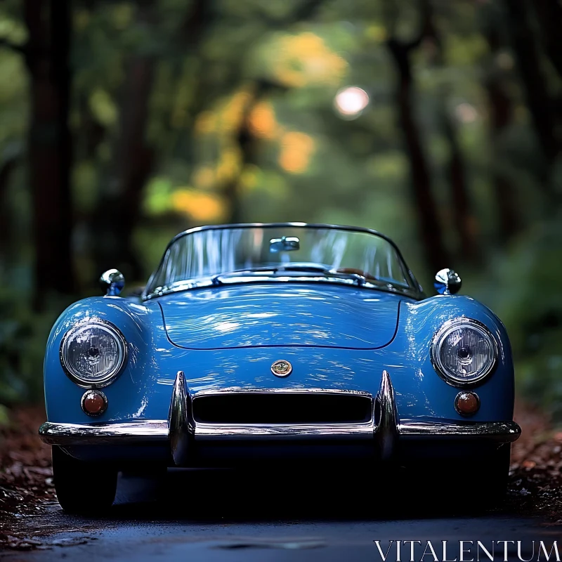 Vintage Blue Convertible on Forest Road AI Image