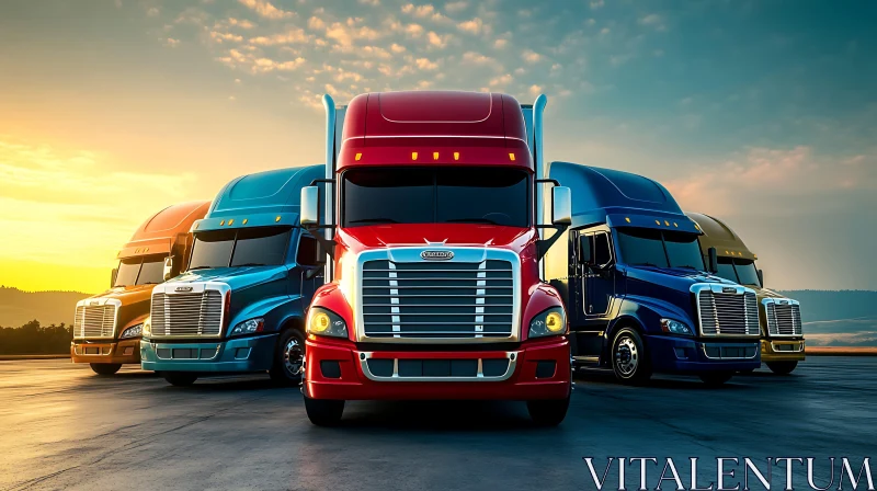 Fleet of Semi-Trucks in Colorful Array at Dusk AI Image