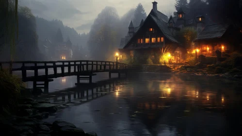 Fantasy Night Landscape: Foggy Forest House