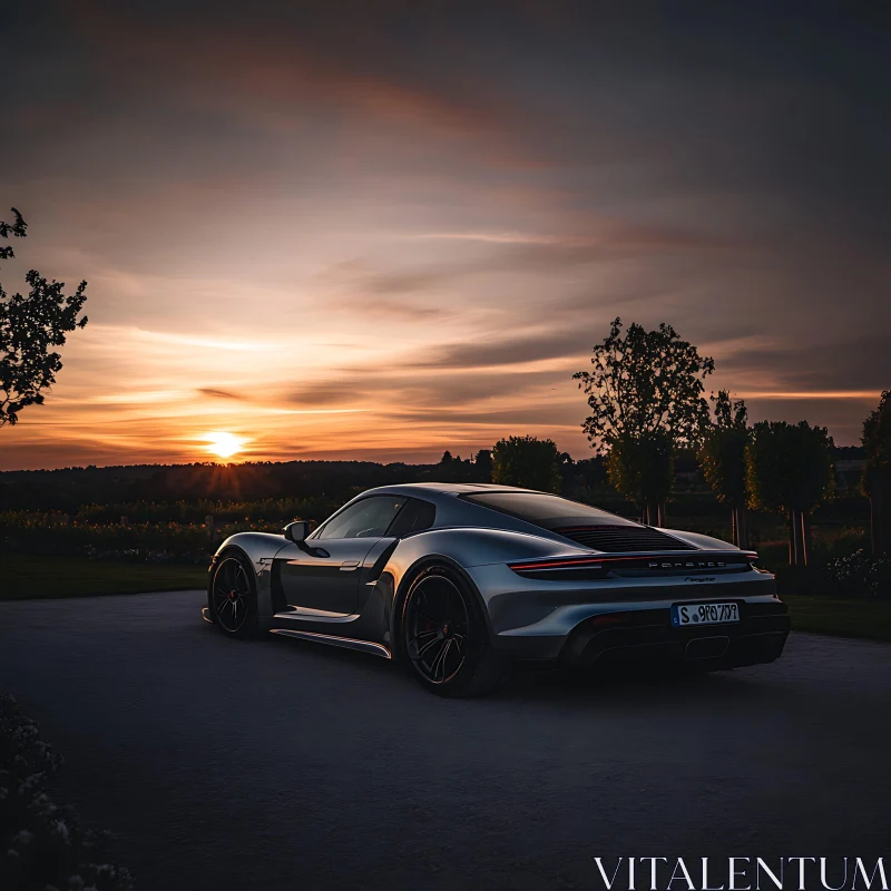 Silver Sports Car Amidst Nature at Dusk AI Image