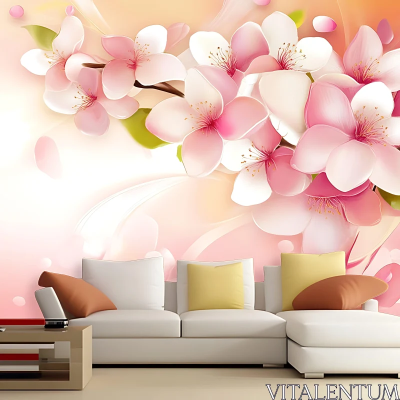 Cherry Blossom Wall Art in a Stylish Living Room AI Image