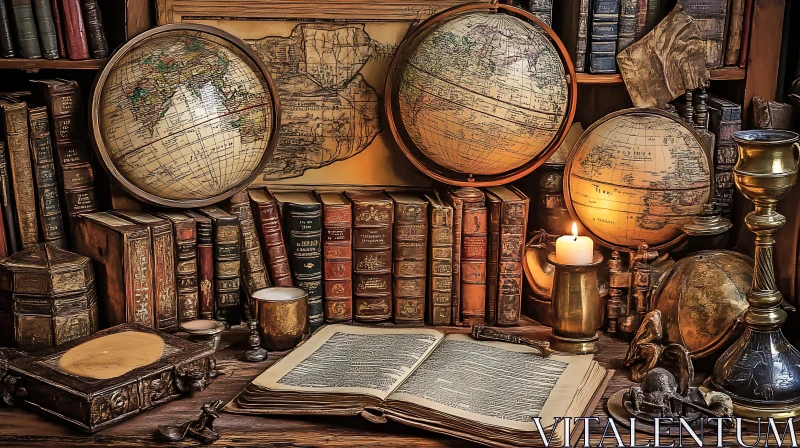 Timeless Vintage Study with Maps and Candle AI Image