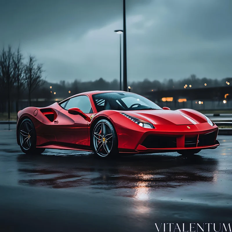 Luxury Red Sports Car in Night Rain AI Image