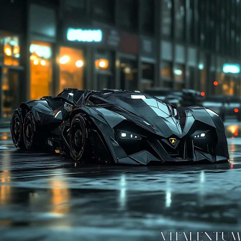 Sleek Futuristic Car in an Urban Night Scene AI Image