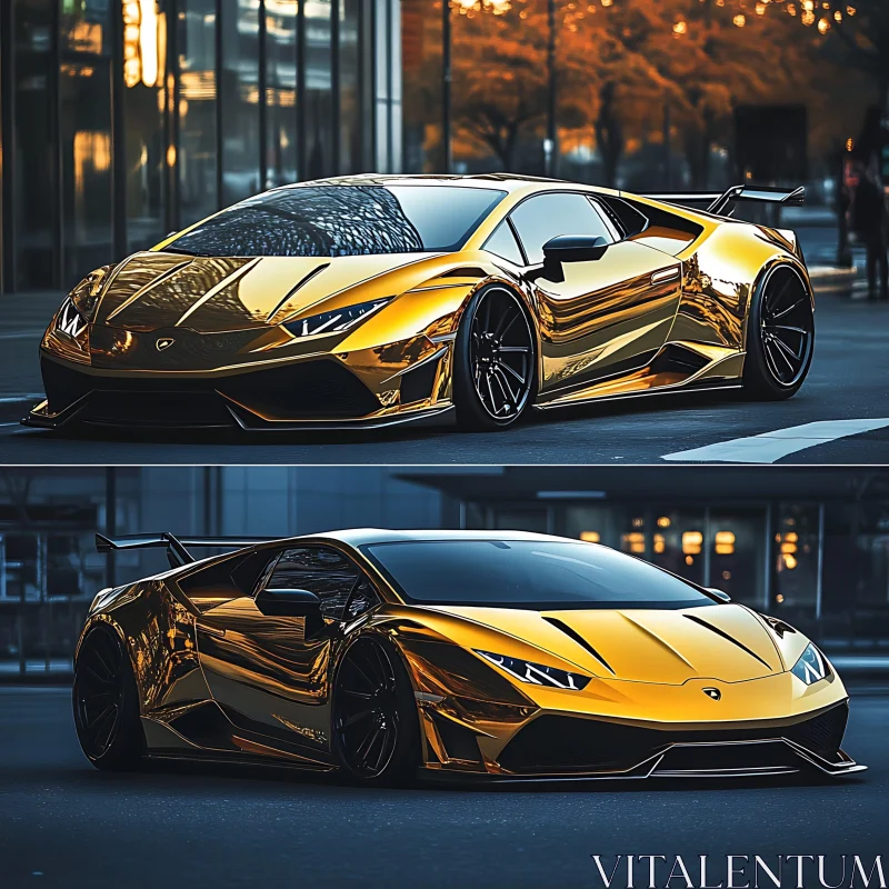 Shiny Golden Sports Car with Urban Backdrop AI Image