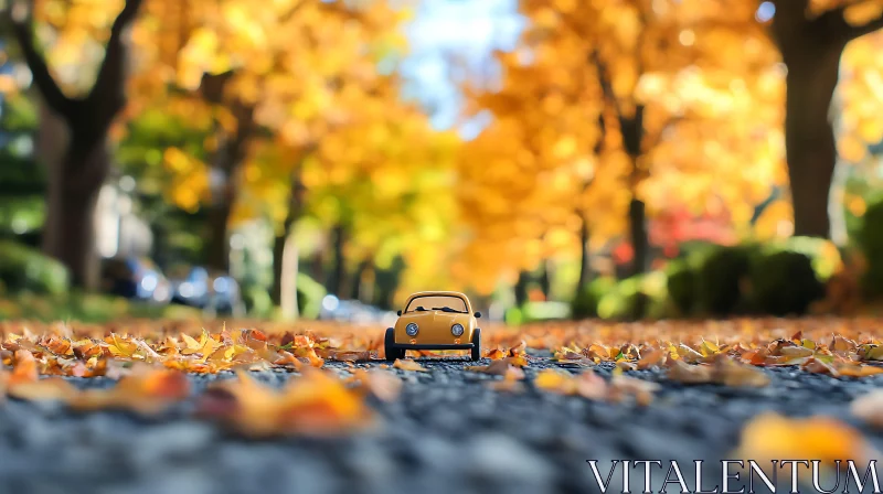 Yellow Toy Car Amidst Fall Leaves on Stone-Paved Street AI Image