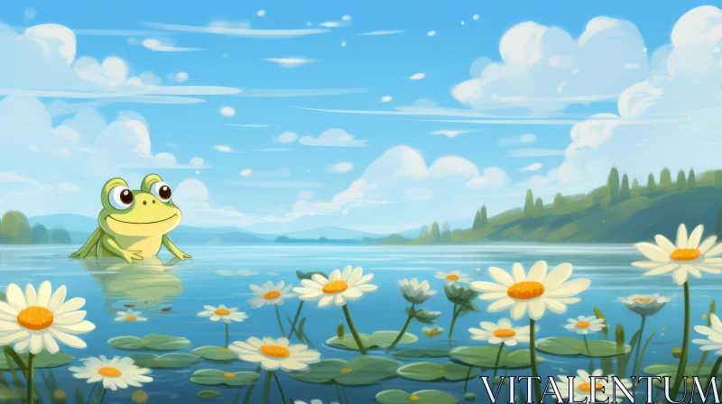 Cartoon Frog in Dreamy Daisy Lake Landscape AI Image