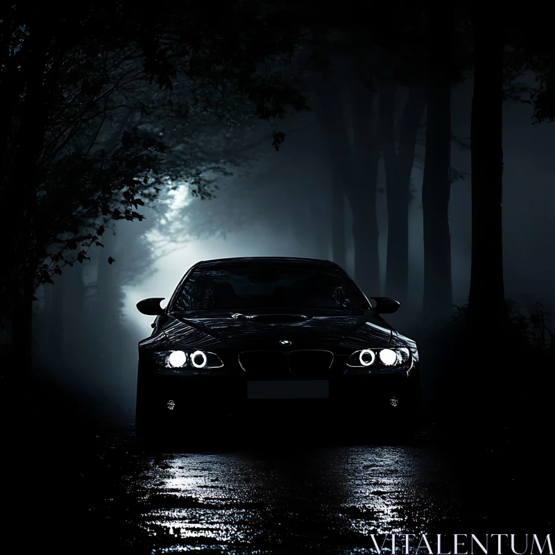 Sleek Black Car with Headlights in Dark Forest AI Image