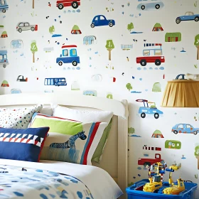 Children's Room with Car Wallpaper and Toys