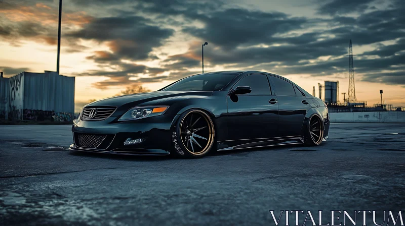 Modern Black Car in Industrial Sunset Modern Black Car in Industrial Sunset