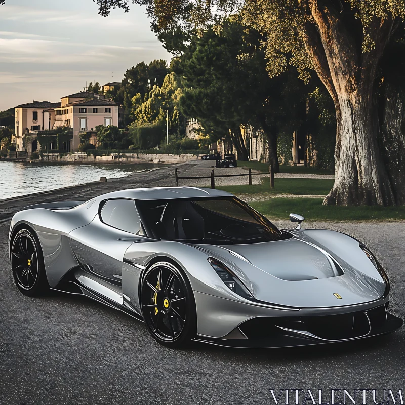 Luxurious Metallic Silver Sports Car at Sunset Luxurious Metallic Silver Sports Car at Sunset