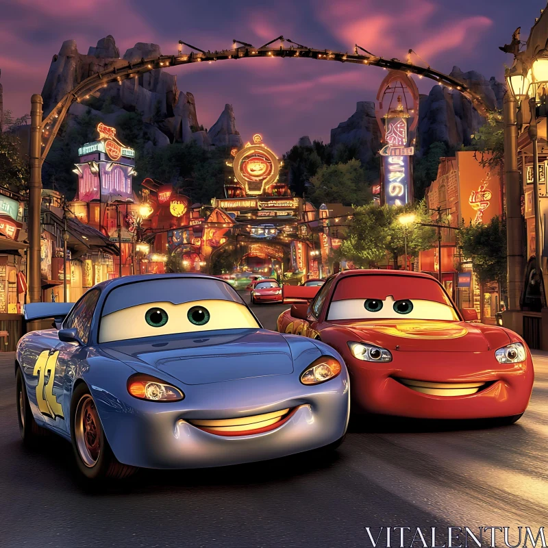 AI ART Cartoon Cars Under Neon Lights at Night