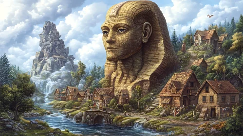 Enchanting Village with Ancient Colossal Stone Head