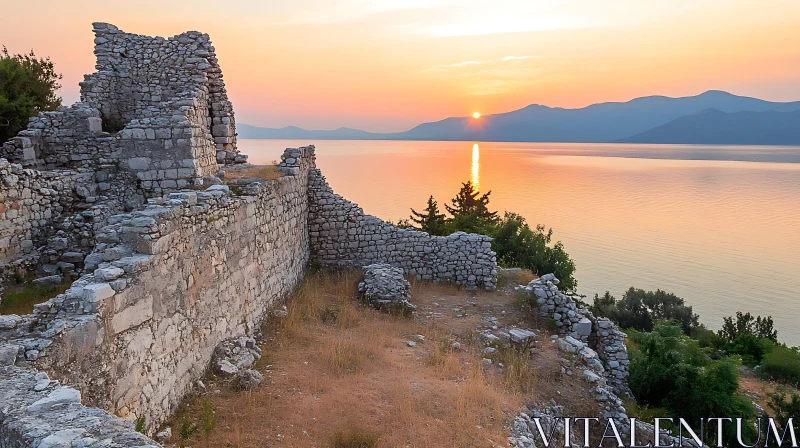 Sun Setting Over Historic Stone Ruins By the Lake Sun Setting Over Historic Stone Ruins By the Lake