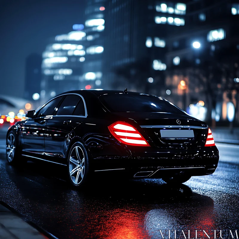 Elegant Black Car Cruising Through Nighttime Urban Streets Elegant Black Car Cruising Through Nighttime Urban Streets