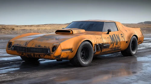 Retro Orange Muscle Car on Muddy Terrain
