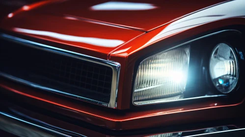 Vintage Automobile Front View with Illuminated Headlight